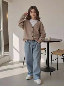 SHEIN 女童休闲百搭针织开衫，保暖舒适，适合叠穿，秋冬季校园穿着 - 駝色 - 查看 10