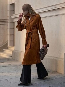 Solivie 女式秋季翻领长袖绒面革优雅风衣 - 卡其色 - 查看 7
