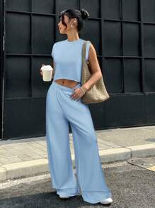 Muchica 女士休闲蓝色圆领背心和阔腿裤宽松两件套，夏季 - 藍色 - 查看 3