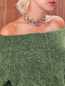 COUREZ Bardot 拉链针织套头衫 /Y2K 秋季女装 秋季服装 可爱上衣 外出上衣 冬季服装 - 綠色 - 查看 7