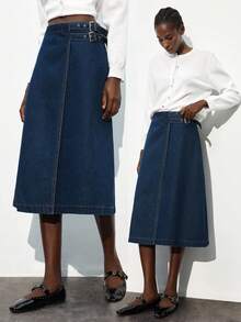 Maija Women's Side Buckle Design A-Line Casual/Work Denim Skirt - Dark Wash - View 1