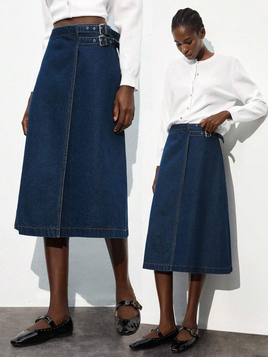Maija Women's Side Buckle Design A-Line Casual/Work Denim Skirt - Dark Wash - View 1