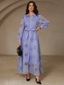 Aveloria Rosie 法式优雅浅紫色刺绣镂空长袖连衣裙（配系带腰带） - 藍色 - 查看 5