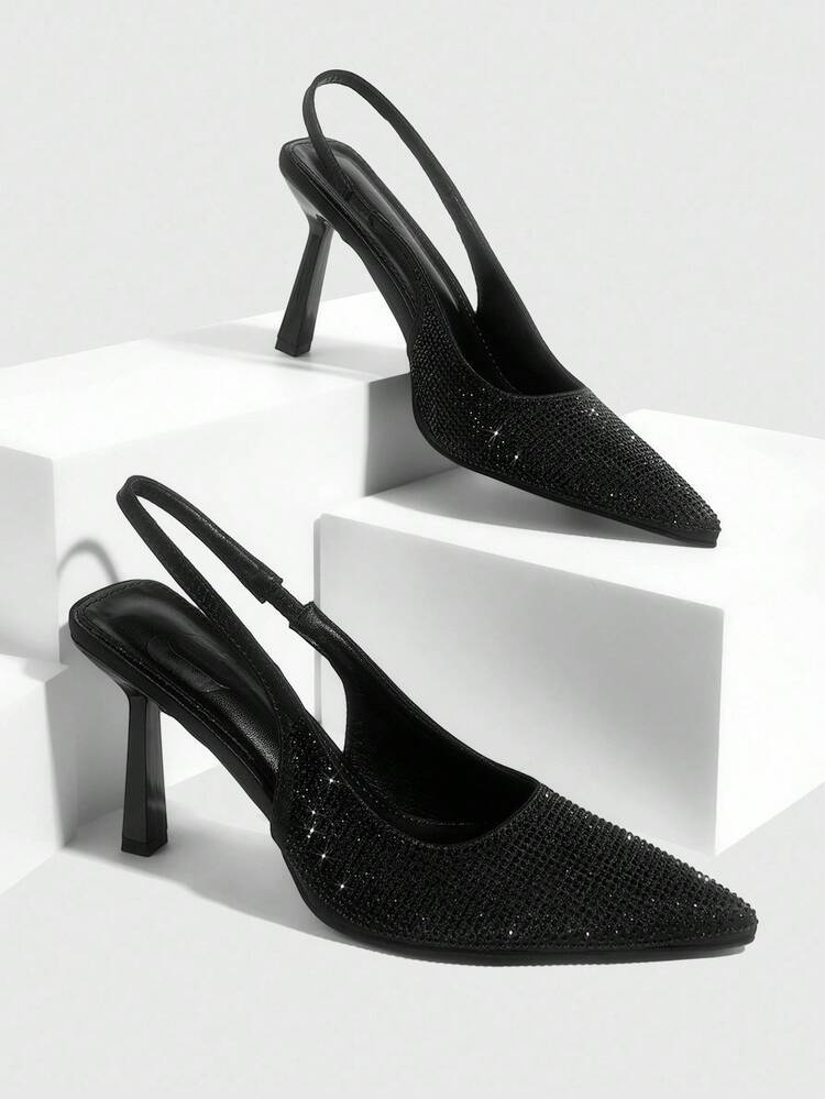CUCCOO SZL Black Pointed Toe High Heel Shoes, Rhinestone Embellished Sexy Party Pumps With Ankle Strap For Women For Christmas Spring Shoes