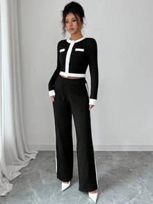 Elenzga Classic Black & White Contrast Color Round Neck Long Sleeve Cardigan With Movable Buttons, Fake Pocket Flaps, Elastic Waistband, Ribbed Cuffs And Hem, Elegant Knit 2 Pieces Set, Versatile For Multiple Occasions Fall Winter Cloth For Women - Multicolor - View 4