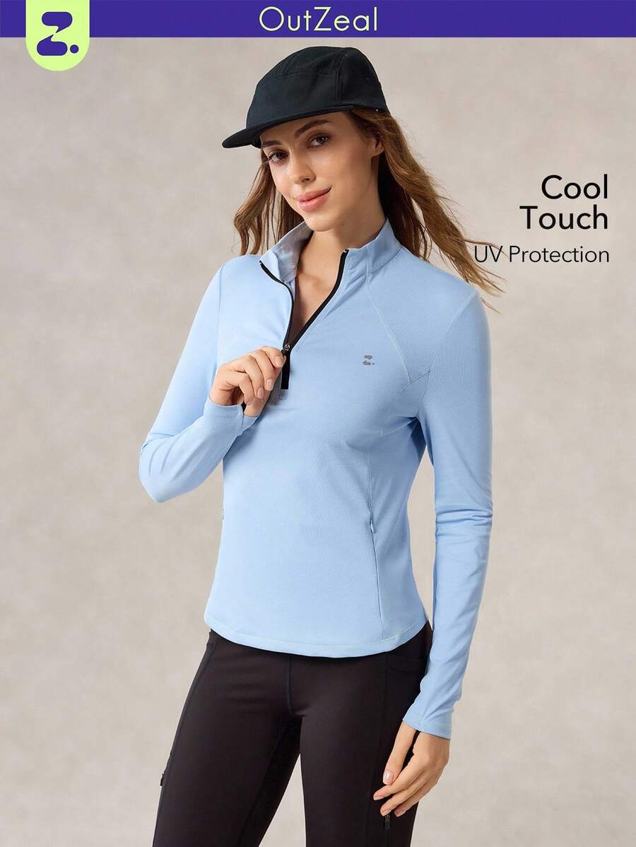 OutZeal 女士运动卫衣健身服高尔夫POLO衫长袖防紫外线凉爽触感立领半拉链上衣 - 淺藍色 - 查看 1