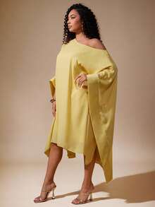 Vixey Solid Sheer Chiffon Ruffle Batwing Flowy Dress, Going Out Outfits, Date Night Outfits Women, Night Out Outfit, Wedding Gust Dress, Wedding Gust Dress Elegant, Yellow Dress, Batwing Sleeve Dress, One Shoulder Dress - Yellow - View 5