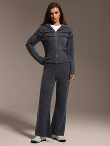 Hanevo 秋冬时尚条纹连帽针织开衫+针织裤套装 - 灰色 - 查看 3