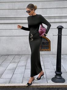 Chiquease Váy ôm dáng xếp ly kim loại tối giản thanh lịch dành cho nữ - màu đen - Xem 6