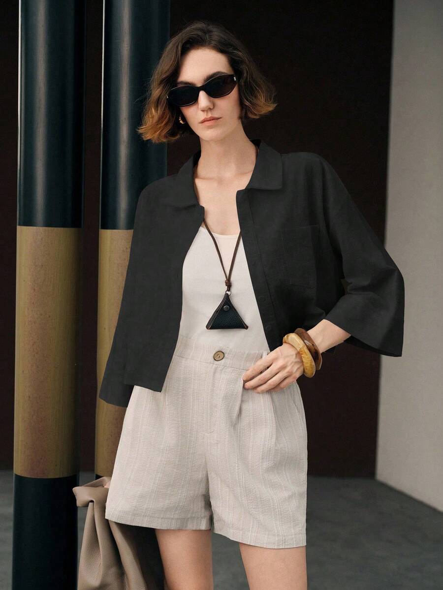 Uhlyne Women's Elegant Minimalist Solid Color Front Button Shirt, Suitable For Daily Commute - Black - View 1