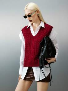 Women Casual Daily Cable Knit V-Neck Vest, For Autumn - Burgundy - View 3