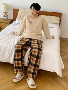 DAZY 男士字母刺绣抓绒卫衣和格子裤家居服套装，秋冬季，蓬松舒适睡衣