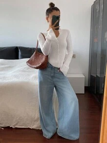 DAZY Áo len dệt kim dáng ôm tay dài xẻ tà màu trơn cho nữ, mùa thu/đông - trắng - Xem 4