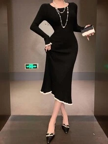 DAZY 女士优雅拼色圆领毛衣裙，秋季舞会礼服 - 黑色 - 查看 4