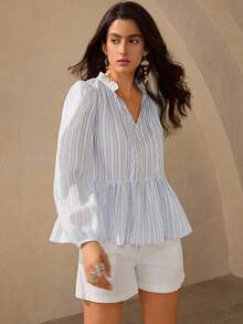 Wildy 秋季衬衫 秋季服装 女士休闲通勤 条纹缺口领衬衫 女士衬衫 优雅蓝色条纹衬衫 女士衬衫和衬衫 条纹衬衫 荷叶边衬衫 外出上衣 女士优雅衬衫 - 藍白色 - 查看 3