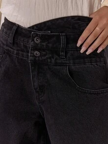 MUSERA Celana Jeans Denim Lebar Model Washed dengan Detail Kancing dan Model Pinggang Silang, Elegan dan Seksi untuk Acara Malam Hari, Liburan, Musim Gugur, Padu Padan Berlapis, Chic untuk Musim Semi dan Musim Panas. - Hitam - View 6
