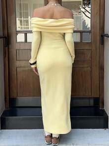 SHEIN EZwear Women's New Butter Yellow Off Shoulder Fitted Long Sleeve Dress, Fall Dresses For Going Out - Yellow - View 3