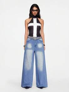 ROMWE Street Life Women's Casual Everyday Washed Rhinestone Embellished Wide Leg Jeans