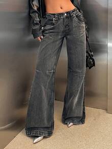 cottnline RueChic Low Waist Wide Leg Special Wash Jeans - Black - View 4