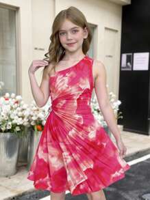 SHEIN 少女优雅度假扎染印花不对称褶饰无袖连衣裙 - 玫紅色 - 查看 1