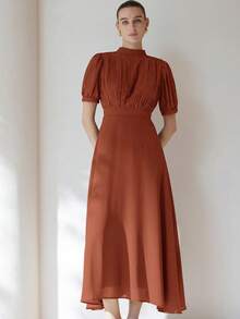 Aveloria Modichic 优雅女士雪纺连衣裙，褶皱胸部设计，公主袖，收腰喇叭裙，简约百搭，通勤适用，及膝长度 - 鏽棕色 - 查看 4