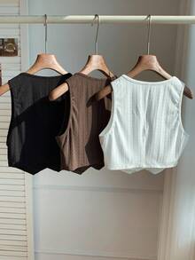 Comfortcana 3件套女士休闲度假日常简约百搭纯色提花纽扣前开襟上衣，夏秋季无袖上衣 - 彩色 - 查看 2