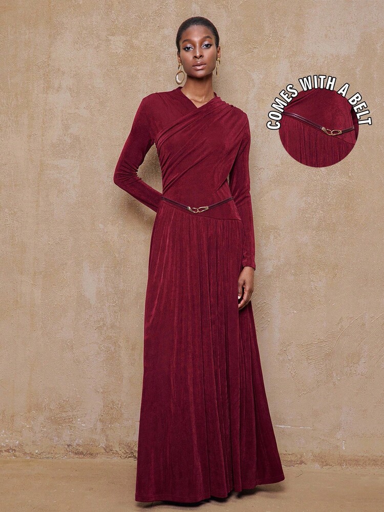 SHEIN Privé Đầm xòe tay dài ôm sát, cổ chéo màu đỏ tía thanh lịch, chất liệu voan lấp lánh, thiết kế eo nhún, thắt lưng da ánh kim, dành cho nữ, mùa xuân/thu - Màu Đỏ Sâu - Xem 10