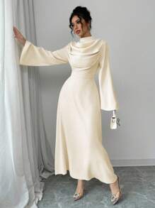 Selianne 女式立领褶皱长袖纯色中长连衣裙女装 - 杏色 - 查看 5