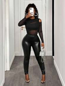 BamGleam 女士網格拼接露肩連體褲 - 黑色 - 查看 6