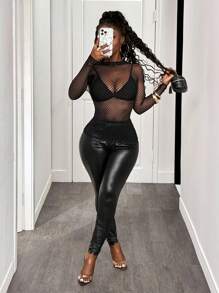 BamGleam 夏季时尚透视网眼修身长袖上衣，女士性感透明常规袖立领修身黑色纯色女式上衣，春/秋，休闲日常穿着