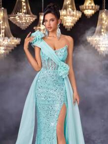 Glamrae Thanh lịch, Lãng mạn, Sang trọng, Trang nghiêm, Xanh lam, Lấp lánh, Không quai, Thắt eo, Xếp ly, Nàng tiên cá, Đuôi tàu, Váy dạ hội, Hoàn hảo cho Tiệc sinh nhật, Hẹn hò, Đám cưới, Dịp trang trọng, Váy dạ hội - Màu xanh ngọc - Xem 6