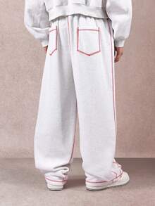 SUMWON Hochtaillierte weite Sweathose mit kontrastierenden roten Nähten, Kordelzug Taille, entspannte Loungewear Jogginghose, Wintermode Komfort Bekleidung