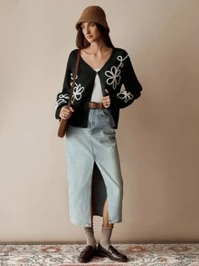 女式休闲波西米亚风落肩开衫 - 黑色 - 查看 5