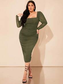 SHEIN BAE Plus Size Fall Black Mutton Sleeve Mesh Gathered Square Collar Elegant Commuter Long Dress - Army Green - View 6