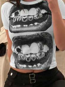 Maweii Áo thun cổ tròn tay ngắn màu trắng in hình miệng phong cách đường phố giản dị, ôm vừa vặn cho mùa hè trở lại trường của phụ nữ, Quần áo nữ - trắng - Xem 1