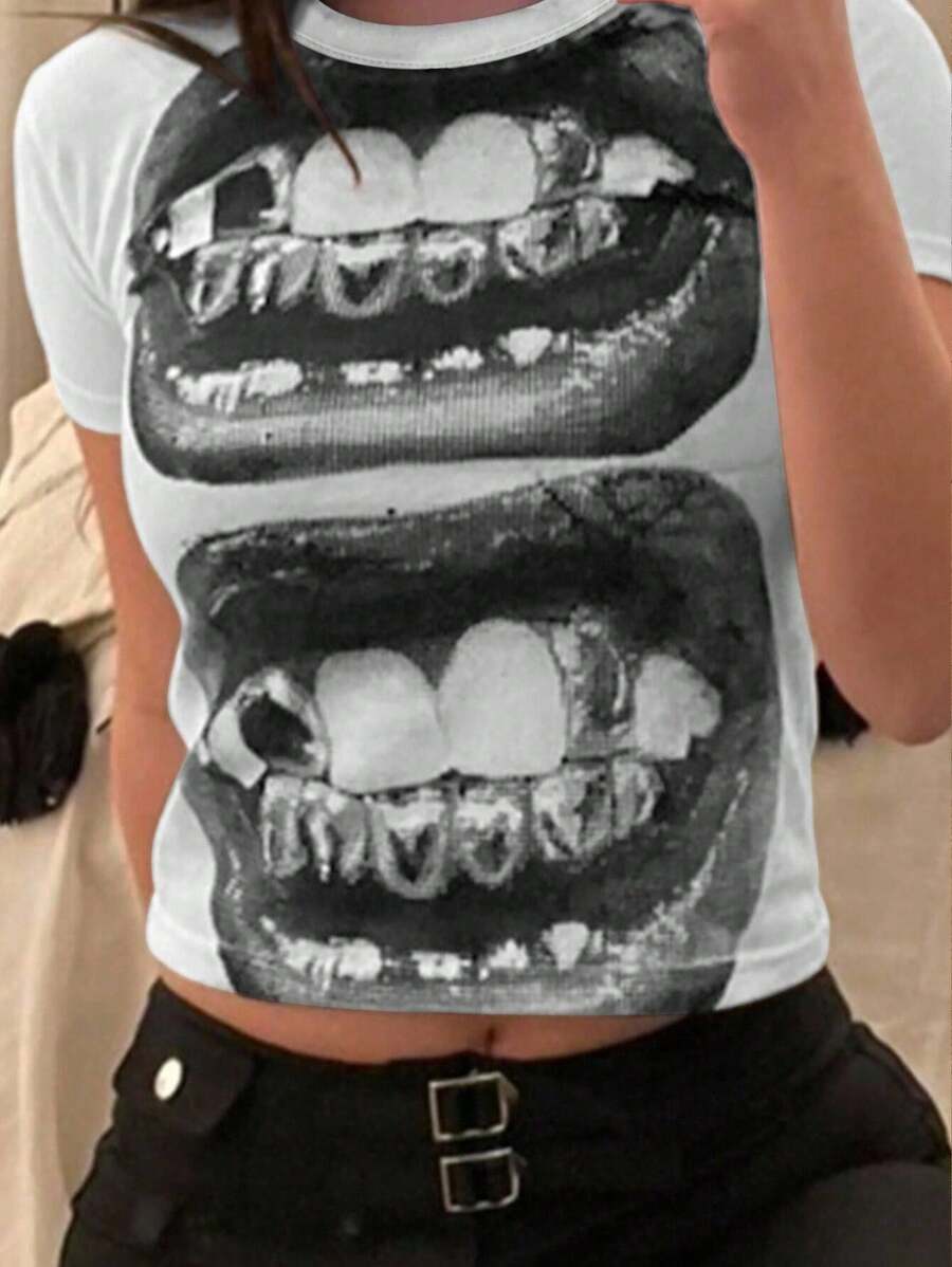 Maweii Áo thun cổ tròn tay ngắn màu trắng in hình miệng phong cách đường phố giản dị, ôm vừa vặn cho mùa hè trở lại trường của phụ nữ, Quần áo nữ - trắng - Xem 1