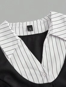 SHEIN MOD Plus Size Black And White Contrast Stripe 2-In-1 Shirt,Autumn Elegant Office Wear Business Attire,Patchwork Turndown Collar Flared Sleeve Tops,Vintage - Black and White - View 5