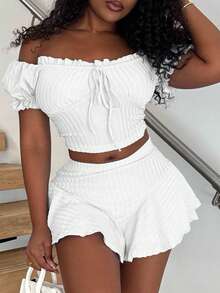 Alexandranx Beach;Summer Vacation Outfits Princess Sleeves Ruffle Holiday White Two Pieces Set Short Sets - White - View 3