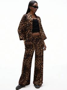 Aveloria GENKIRA 2pcs Set: Random Print Leopard Pattern 3/4 Sleeve Shirt Collar & Wide Leg Loose Pants Fall Cloth For Women - Multicolor - View 5