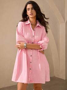 Wildy Váy cotton cài nút cho nữ Váy mùa thu cho nữ Trang phục màu hồng cho phụ nữ Phụ nữ phương Tây mặc Váy ngắn xếp ly đơn giản, tay áo raglan, quần áo mùa hè theo phong cách Bohemian cho phụ nữ Váy dài tay màu hồng Váy sơ mi cho phụ nữ Quần áo mùa thu cho phụ nữ Váy cài nút màu hồng Váy thường ngày màu hồng Trang phục phương Tây cho phụ nữ Trang phục đồng quê mùa thu sang trọng cho phụ nữ - Màu Hồng baby - Xem 5