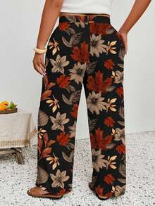 SHEIN Frenchy 大码女装，新款春夏商务休闲女装，沙滩装，情人节时尚，时尚通勤，优雅复古秋叶图案阔腿裤带口袋 - 彩色 - 查看 3