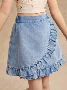 2025 春夏新品，独特的交叉设计，搭配优雅的荷叶边下摆裙子，适合青少年女孩，时尚、百搭、甜美，适合日常活动、郊游和社交聚会 - 藍色 - 查看 3