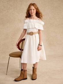 Tween Girl Cold Shoulder Ruffle Trim Belted Dress Summer Holiday