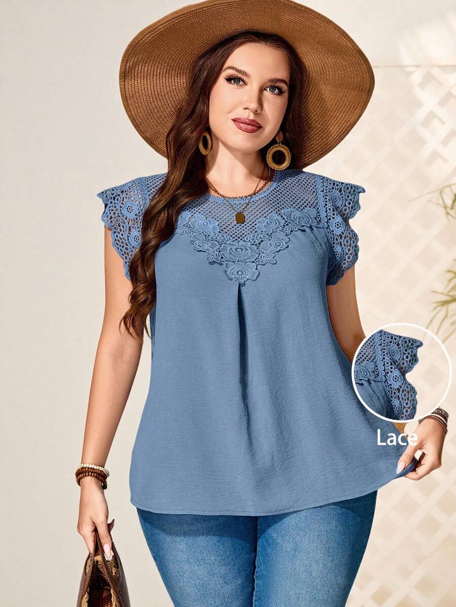 EMERY ROSE 大码女式水溶性蕾丝束腰上衣 优雅衬衫 夏季度假装