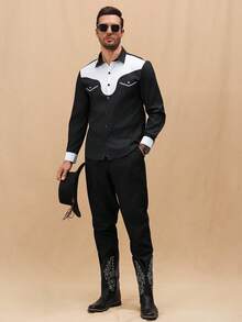 Manfinity Nomadique Men's Casual Everyday Contrast Color Button-Front Shirt And Pants Set,Fall Clothes - Black - View 3
