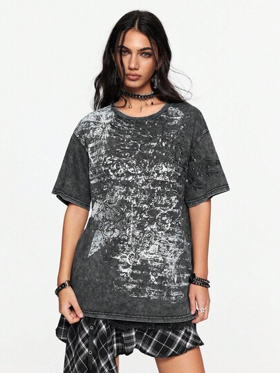 Grunge Punk T-shirt oversize vintage Y2K délavé avec imprimé ailes de papillon orné de strass