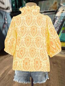 Franclia 大码女式度假泡泡袖V领休闲节日印花衬衫，春夏 - 黃色 - 查看 2