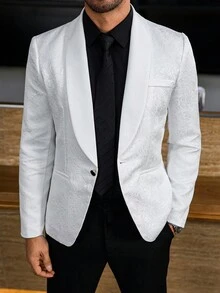 Manfinity AFTRDRK Men's Suit Jacket, Fashion Party Solid Color Blazer, Elegant Matching For Banquet, Jacquard Glossy Fabric, Casual Suit Jacket For Experts, Old Money - White - View 4