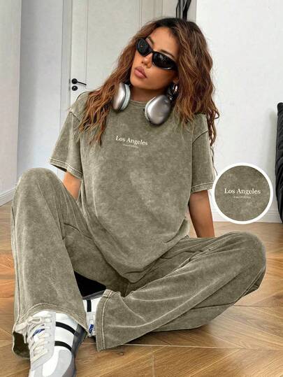 SHEIN EZwear 大码黑色短袖T恤和长裤套装