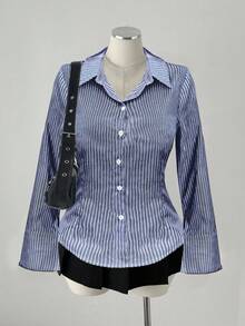 Sweetra Áo sơ mi sọc dọc màu xanh, áo sơ mi nữ dáng ôm vừa vặn thời trang mới cho mùa thu - Màu xanh hải quân - Xem 1